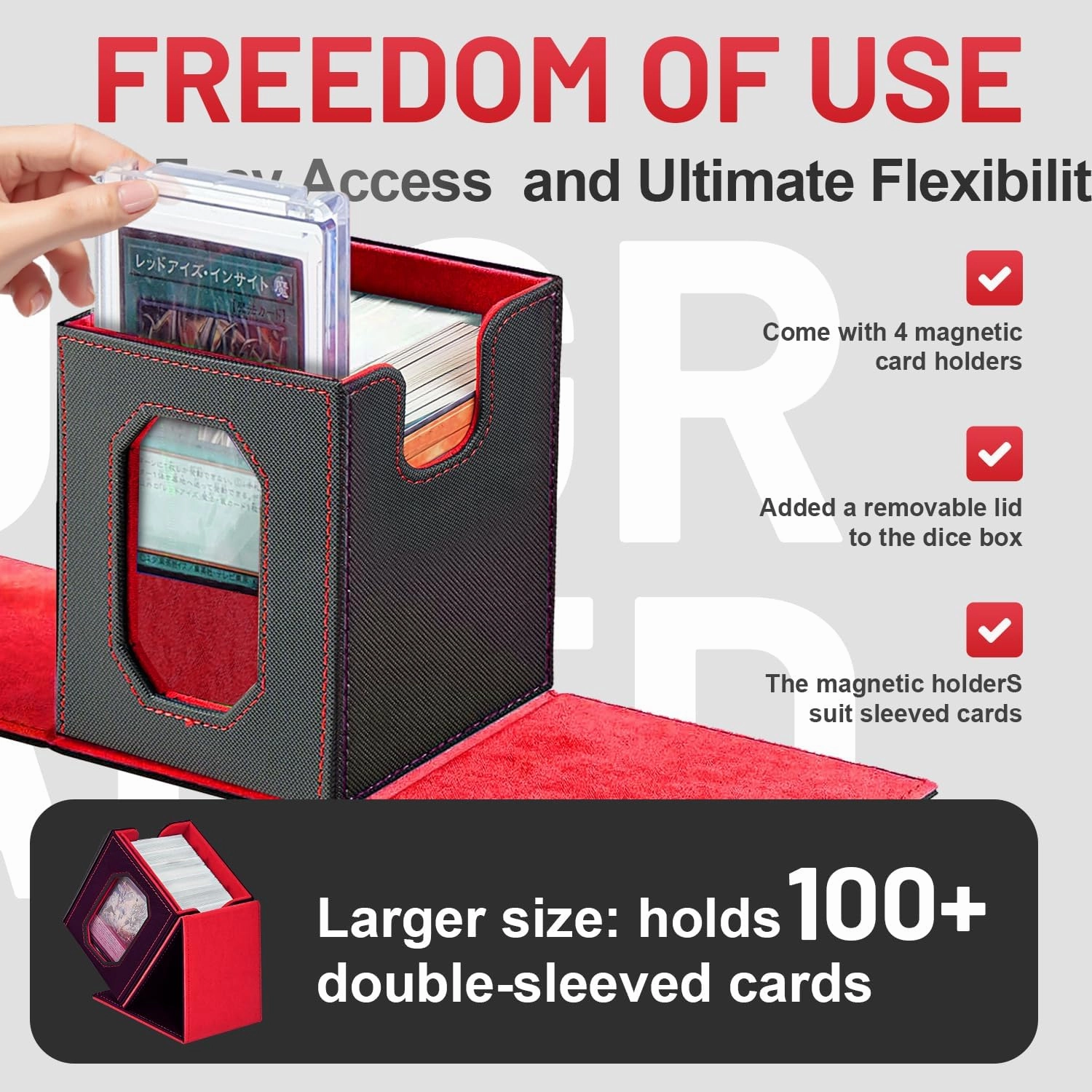 Trading Card Storage Box with Commander Display for MTG, TCG, Sports Cards, 5-in-1 Card Deck Box, Holds 450  Double-Sleeved Cards, 4 Individual Deck Cases with Covers, Dice Tray & Magnetic Holders