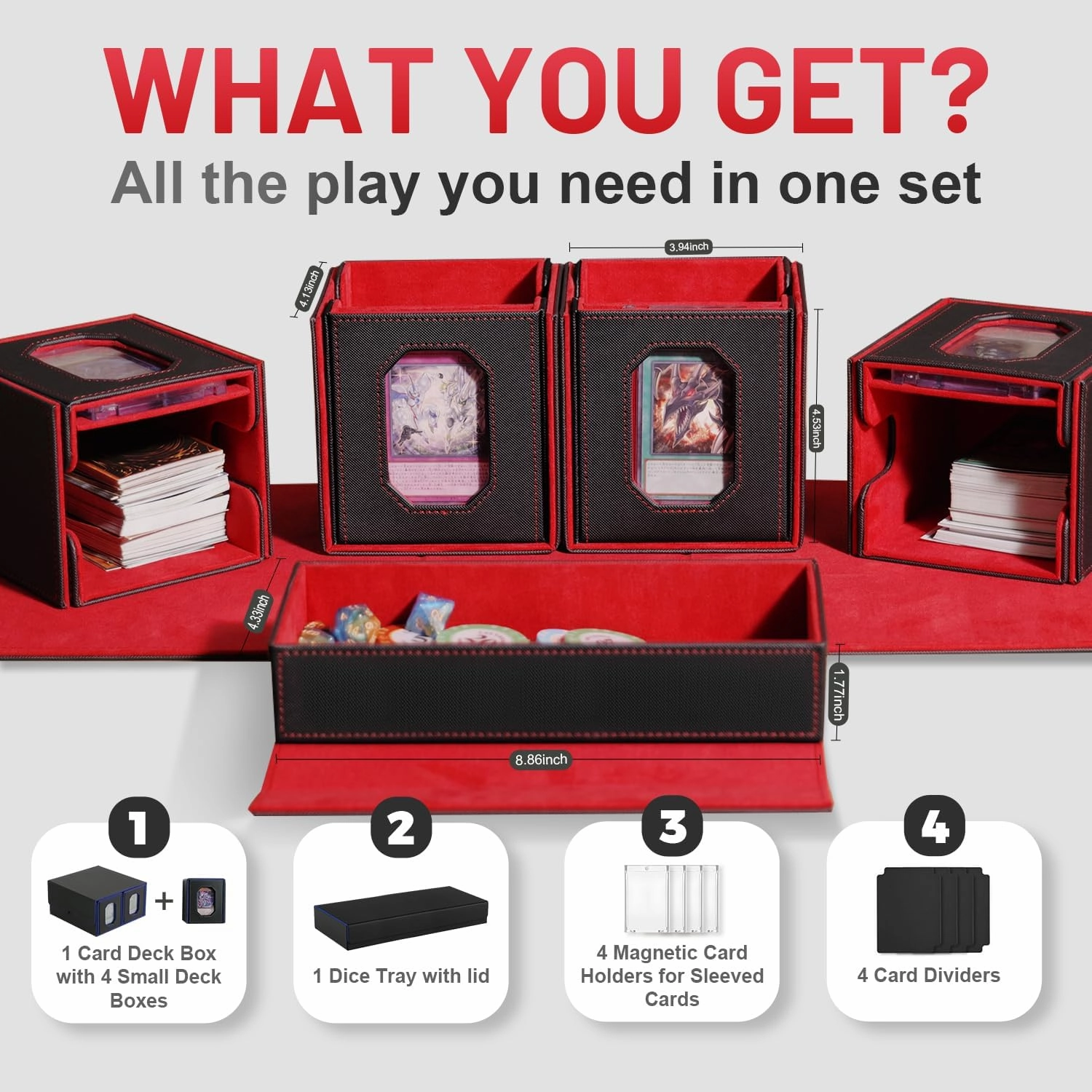Trading Card Storage Box with Commander Display for MTG, TCG, Sports Cards, 5-in-1 Card Deck Box, Holds 450  Double-Sleeved Cards, 4 Individual Deck Cases with Covers, Dice Tray & Magnetic Holders