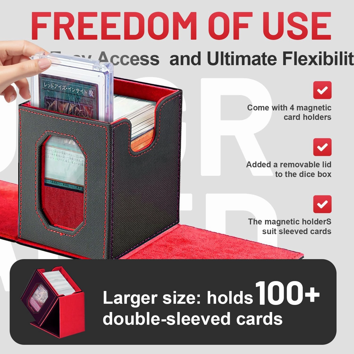 Trading Card Storage Box with Commander Display for MTG, TCG, Sports Cards, 5-in-1 Card Deck Box, Holds 450  Double-Sleeved Cards, 4 Individual Deck Cases with Covers, Dice Tray & Magnetic Holders