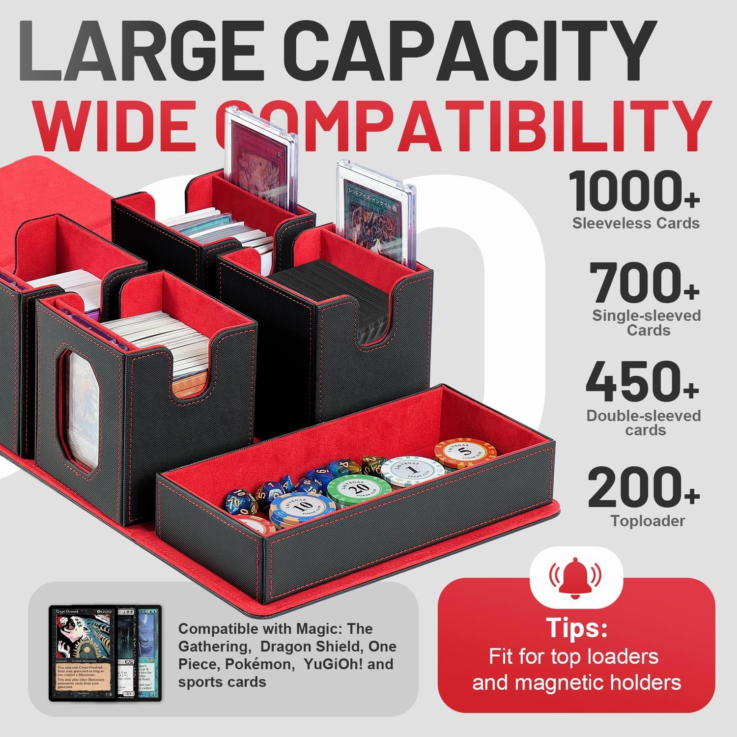 Trading Card Storage Box with Commander Display for MTG, TCG, Sports Cards, 5-in-1 Card Deck Box, Holds 450  Double-Sleeved Cards, 4 Individual Deck Cases with Covers, Dice Tray & Magnetic Holders