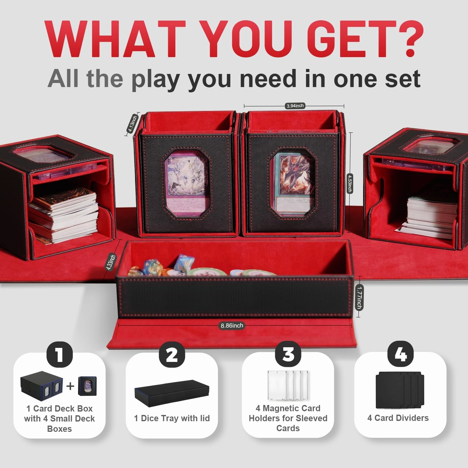 Trading Card Storage Box with Commander Display for MTG, TCG, Sports Cards, 5-in-1 Card Deck Box, Holds 450  Double-Sleeved Cards, 4 Individual Deck Cases with Covers, Dice Tray & Magnetic Holders