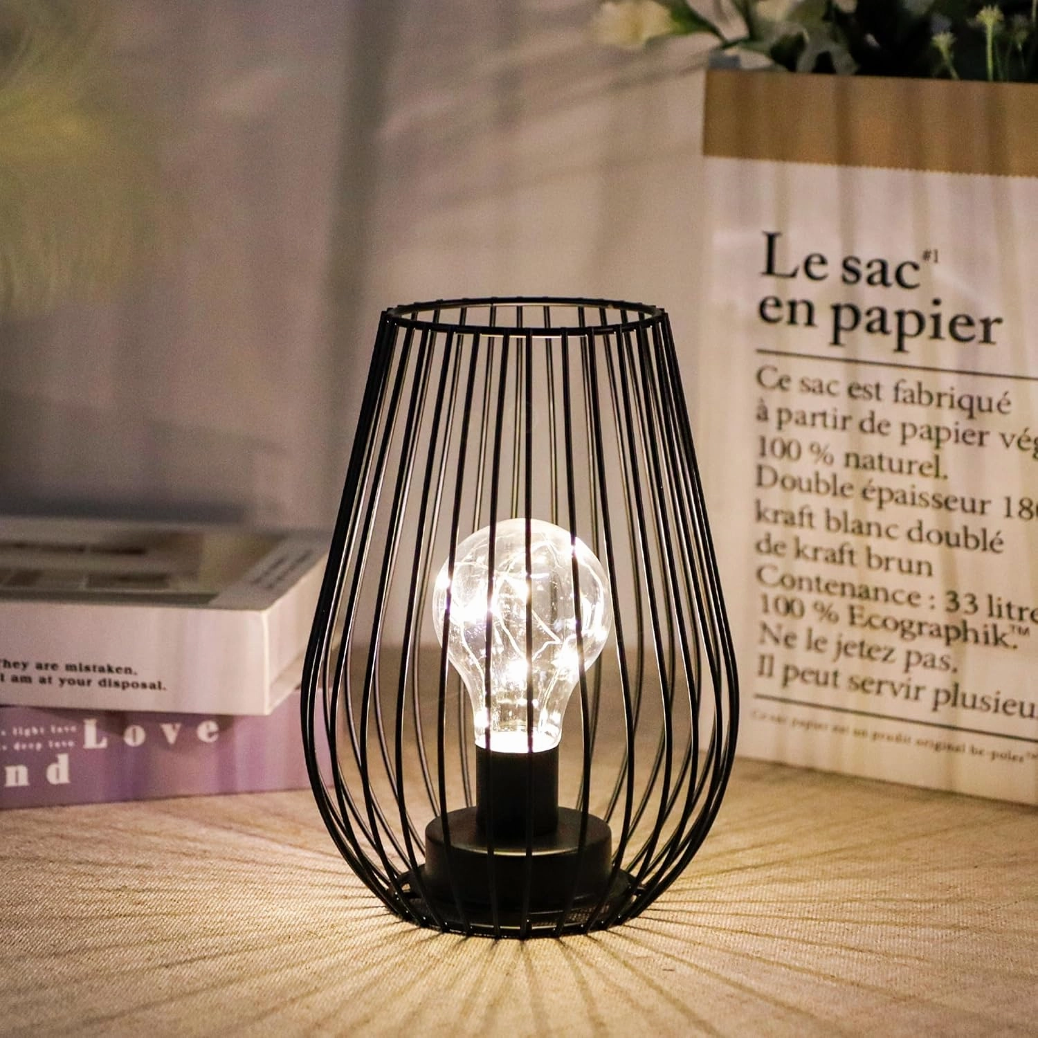 TRIROCKS Metal Cordless Table Lamp - 8'' Tall Cage Shape Battery Operated Lamp with Warm Fairy Lights Bulb for Indoor/Outdoor Use, Perfect for Christmas, Patio, Garden, and Weddings (Black)