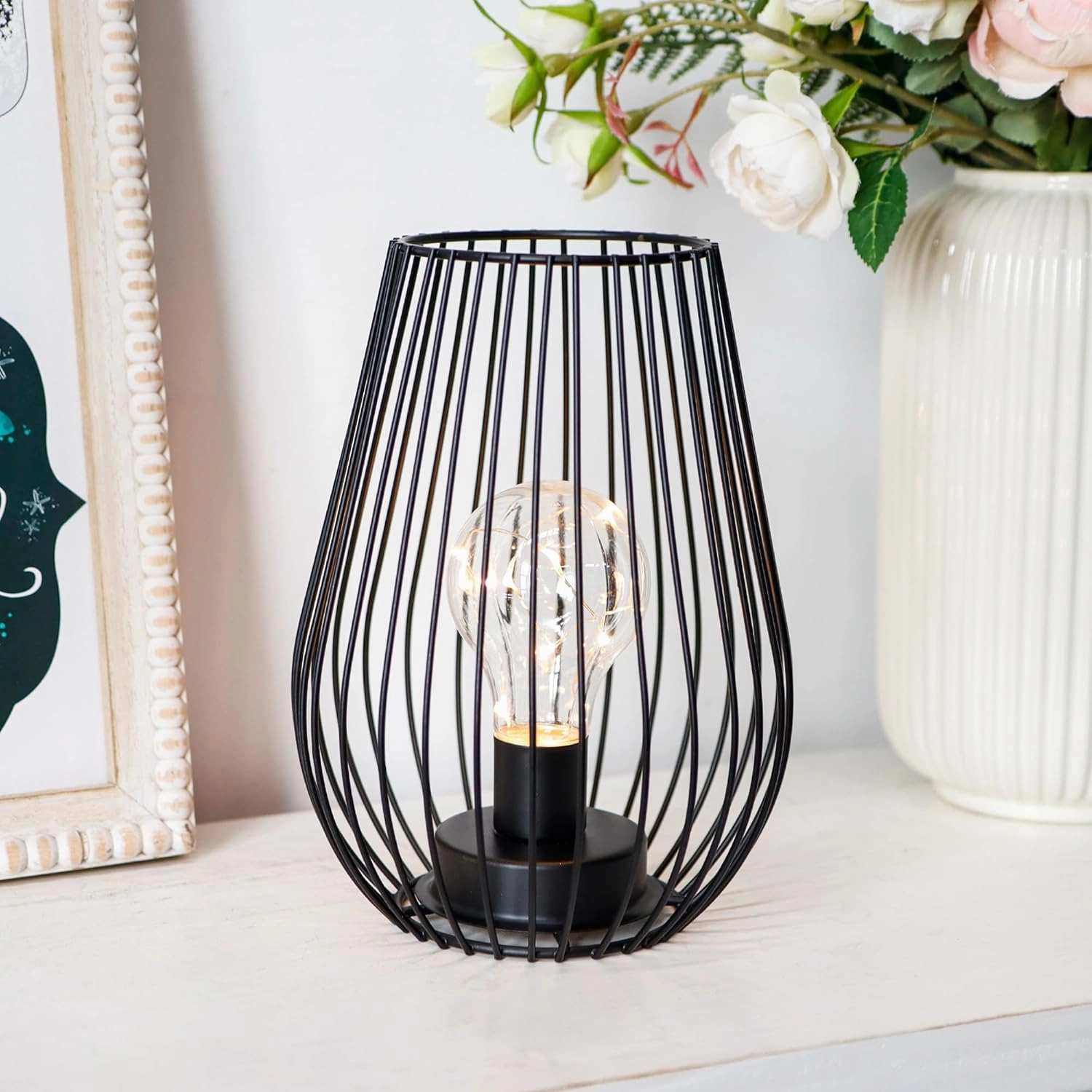 TRIROCKS Metal Cordless Table Lamp - 8'' Tall Cage Shape Battery Operated Lamp with Warm Fairy Lights Bulb for Indoor/Outdoor Use, Perfect for Christmas, Patio, Garden, and Weddings (Black)