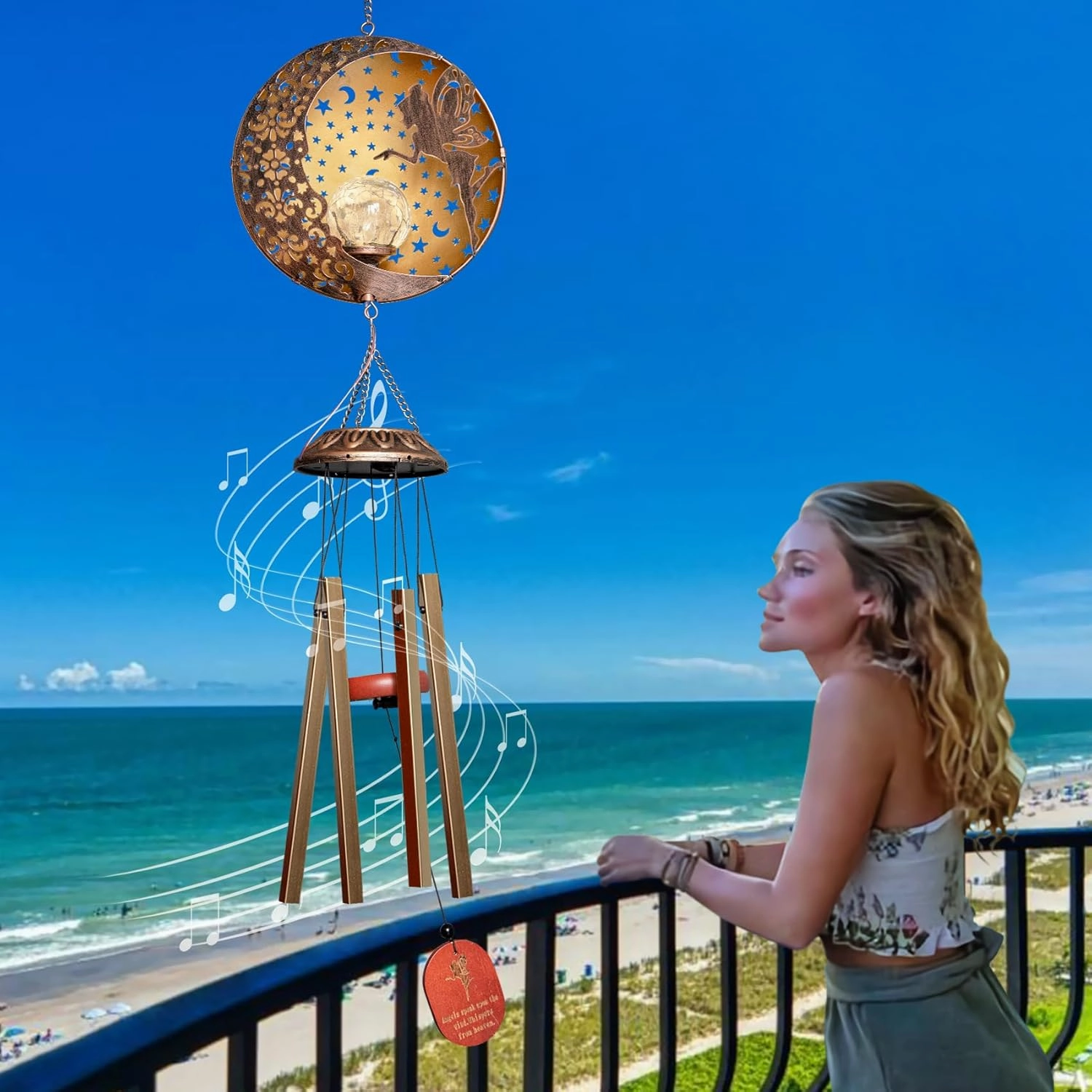 Tryme Solar Wind Chimes Outdoor Fairy Hanging Lights with 4 Aluminum Tubes, Moon Yard Decorations for Patio, Porch, Deck, Perfect Gardening Gifts for Women