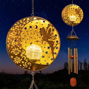 Tryme Solar Wind Chimes Outdoor Fairy Hanging Lights with 4 Aluminum Tubes, Moon Yard Decorations for Patio, Porch, Deck, Perfect Gardening Gifts for Women