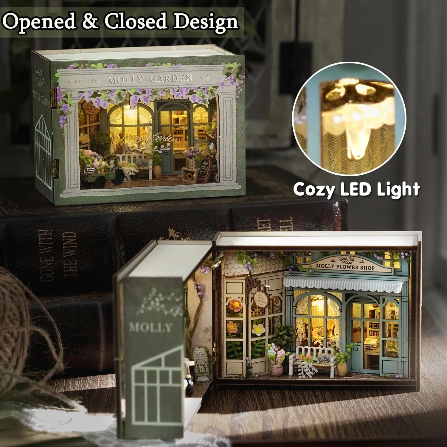 TuKIIE DIY Miniature Dollhouse Kit with Furniture, 1:32 Scale Opened & Closed Mini Cube Wooden Doll House Book Nook Creative Room for Kids Teens Adults(Molly Garden)