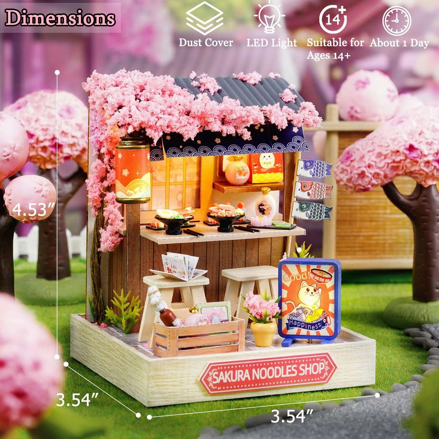 TuKIIE DIY Miniature Dollhouse Kit with Furniture, 1:24 Scale Creative Room Mini Wooden Doll House Plus Dust Proof for Kids Teens Adults(Sakura Noodles Shop)