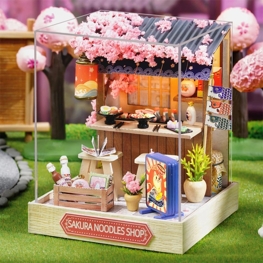 TuKIIE DIY Miniature Dollhouse Kit with Furniture, 1:24 Scale Creative Room Mini Wooden Doll House Plus Dust Proof for Kids Teens Adults(Sakura Noodles Shop)