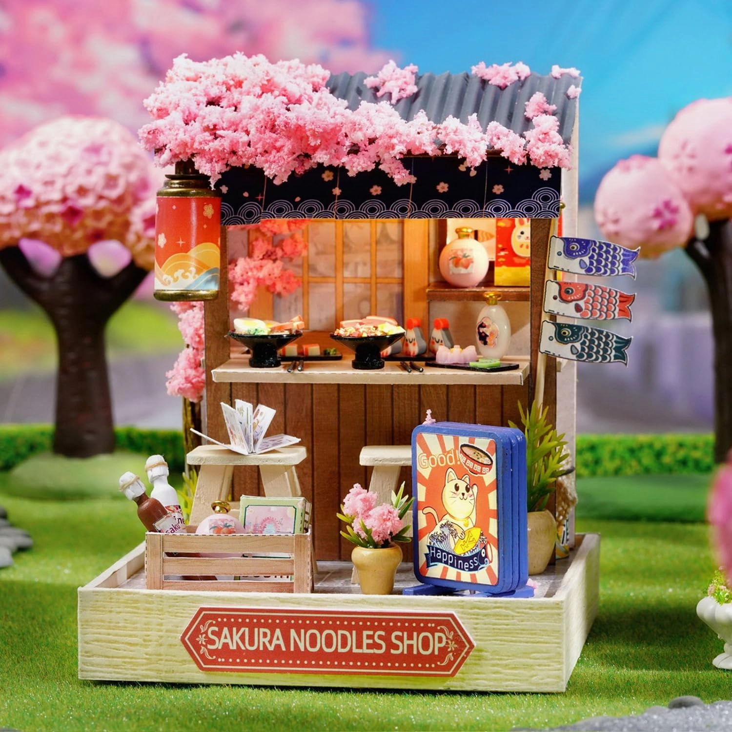 TuKIIE DIY Miniature Dollhouse Kit with Furniture, 1:24 Scale Creative Room Mini Wooden Doll House Plus Dust Proof for Kids Teens Adults(Sakura Noodles Shop)