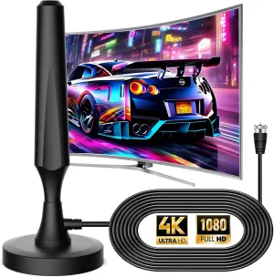 TV Antenna for Smart TV Indoor TV Antenna for Easy Installation Long Range Reception HD Antennas for TV Indoor 4k 1080P Channels Strong Magnetic Base-16.5 ft Long Cables (Black)