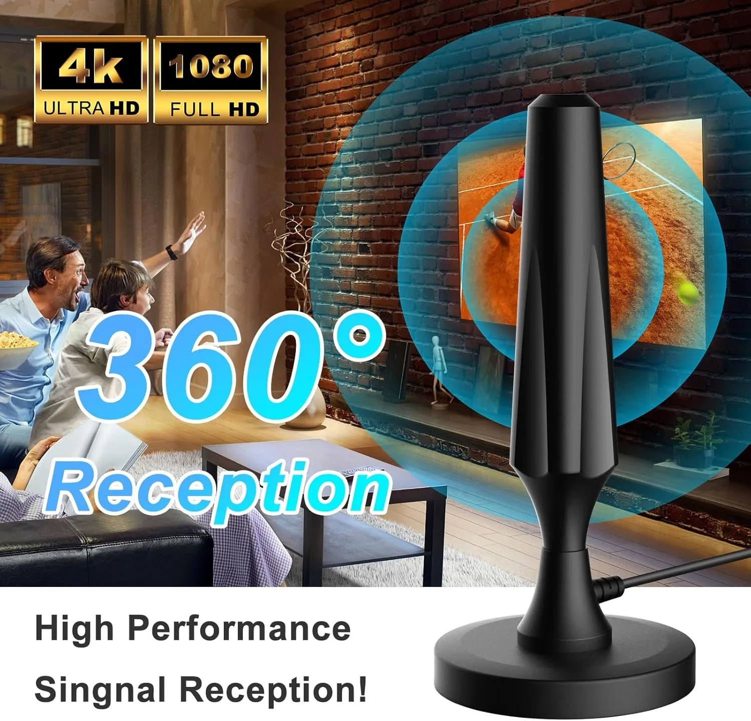 TV Antenna for Smart TV Indoor TV Antenna for Easy Installation Long Range Reception HD Antennas for TV Indoor 4k 1080P Channels Strong Magnetic Base-16.5 ft Long Cables (Black)