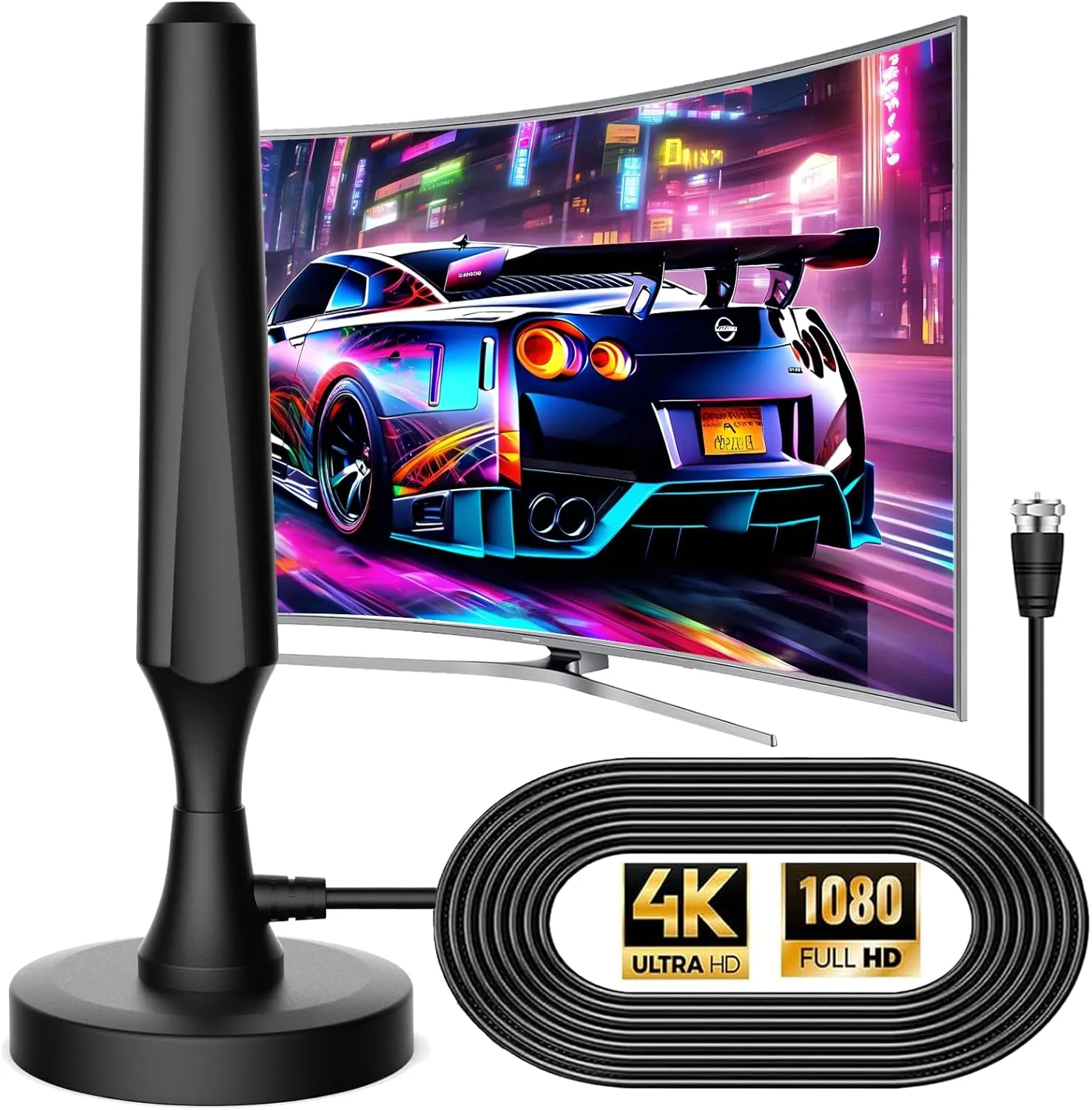 TV Antenna for Smart TV Indoor TV Antenna for Easy Installation Long Range Reception HD Antennas for TV Indoor 4k 1080P Channels Strong Magnetic Base-16.5 ft Long Cables (Black)