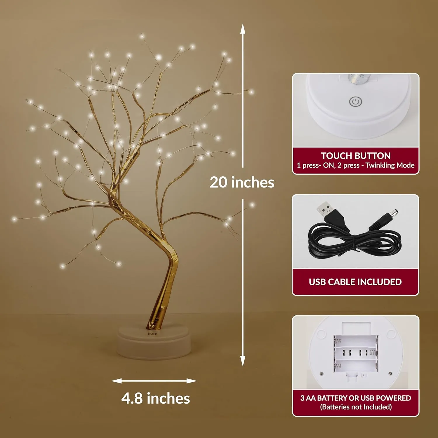 Twinkling Tree Fairy Light Spirit Tree Lamp Bonsai Tree Light, Fairy Light Tree, Cute Room Decor Aesthetic Decor, Night Light Lamp, Twinkle Tree, (Gold Branches 108 LED)