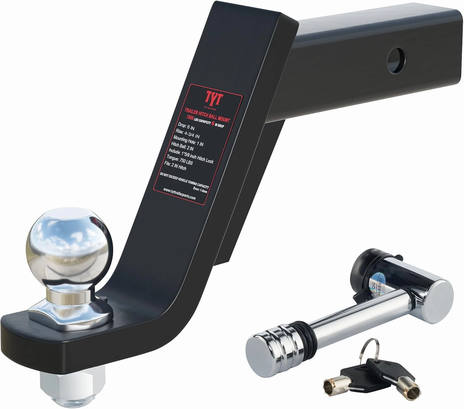 TYT Trailer Hitch Mount with 2" Chrome Ball&Lock, Fits 2-in Receiver, 7,500 lbs (6-Inch Drop)