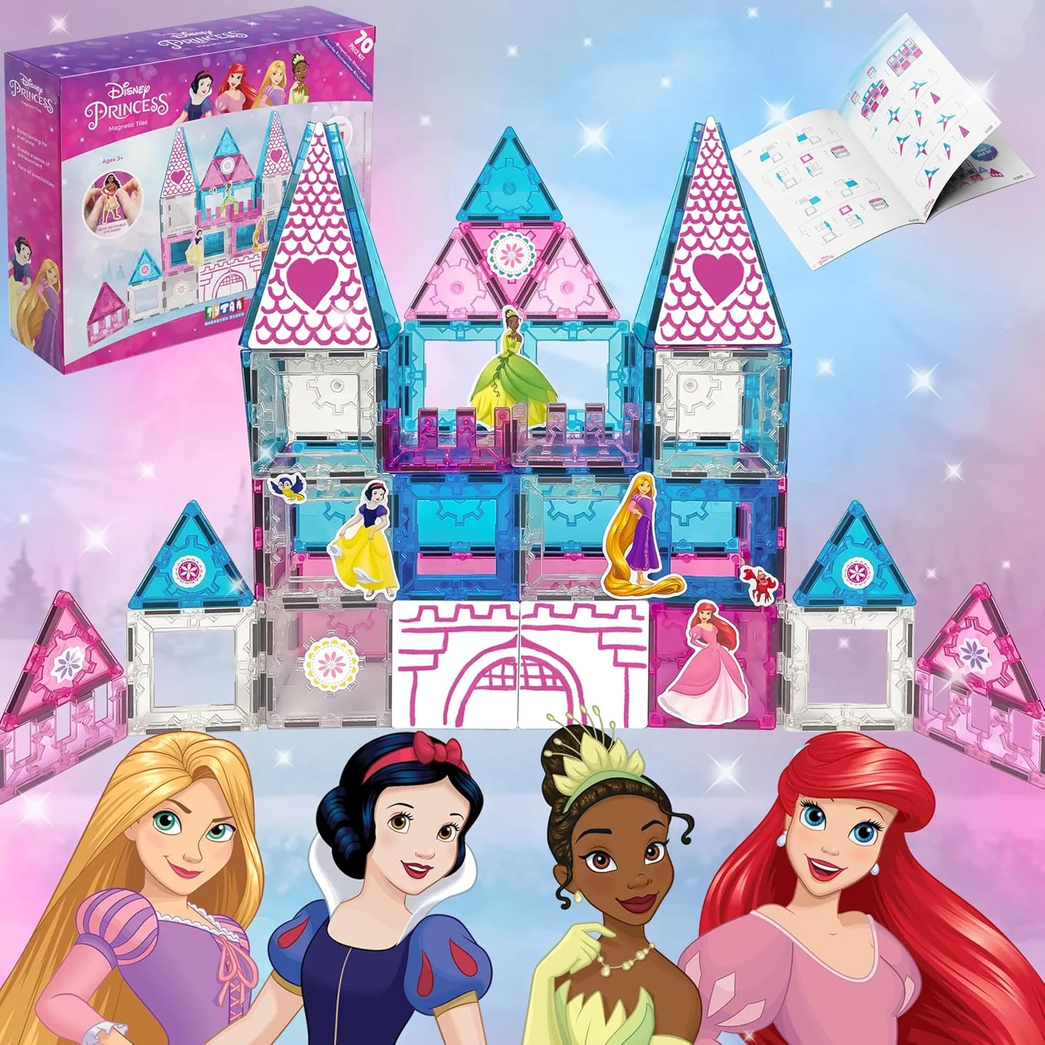 Tytan Official Disney Princess Magnetic Tile Castle – 70-Piece STEAM Toy with Vibrant Tiles, Reusable Disney Princess Stickers, Dry-Erase Decals, Marker, Carry Bag, & More Toys