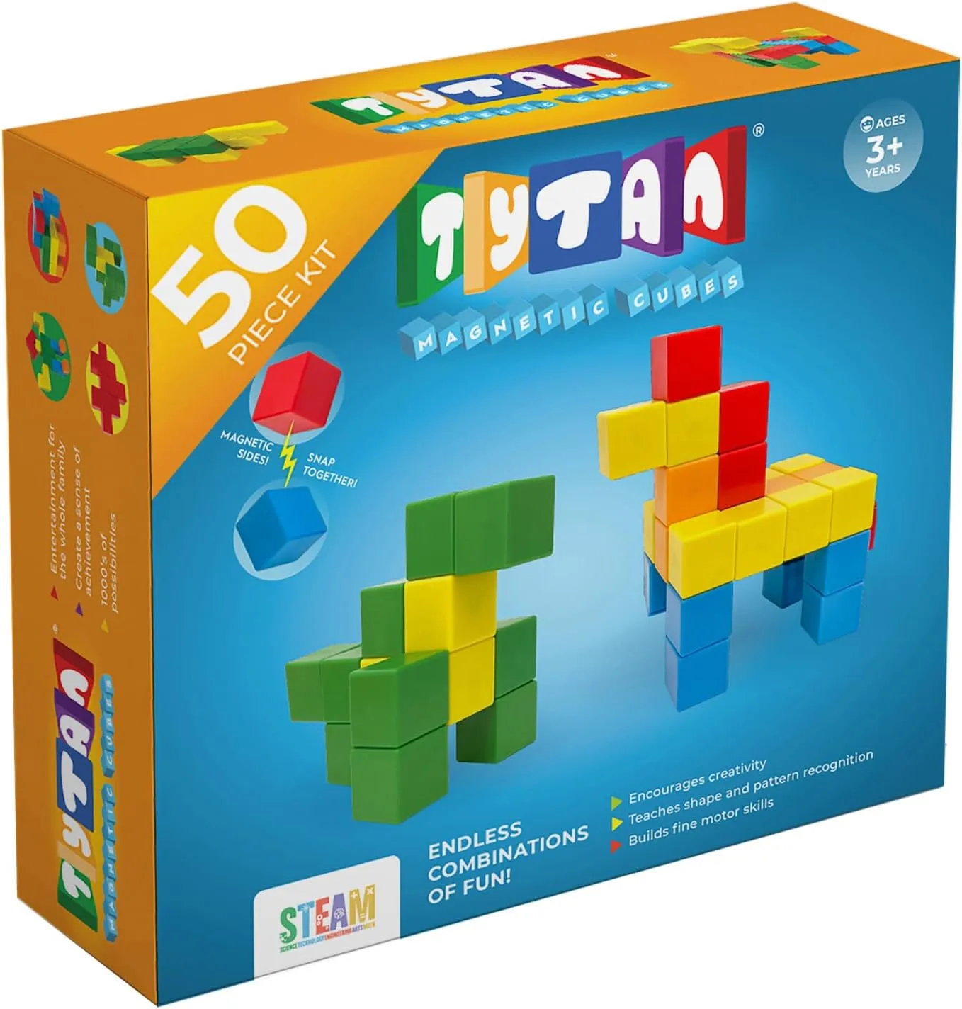 Tytan TILES 50-Piece Magnetic Cubes Building Blocks Kids’ STEM Toy Set, Creative Play, Shape & Pattern Recognition, Safe Rounded Edges, Many Possibilities, Easy Snap-Together Creations, Ages 3 and Up