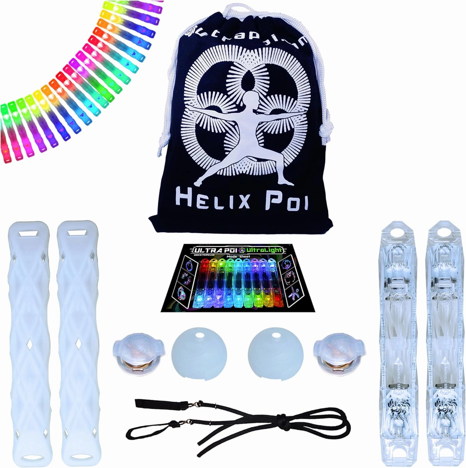 UltraPoi HelixPoi Set – LED Visual Poi with 70  Color Modes – Spinning Light LED Poi w/LED Knob Handles, Soft Cases & Adjustable Leashes – Ideal Flow Arts for Music Festivals, Parties, & Raves