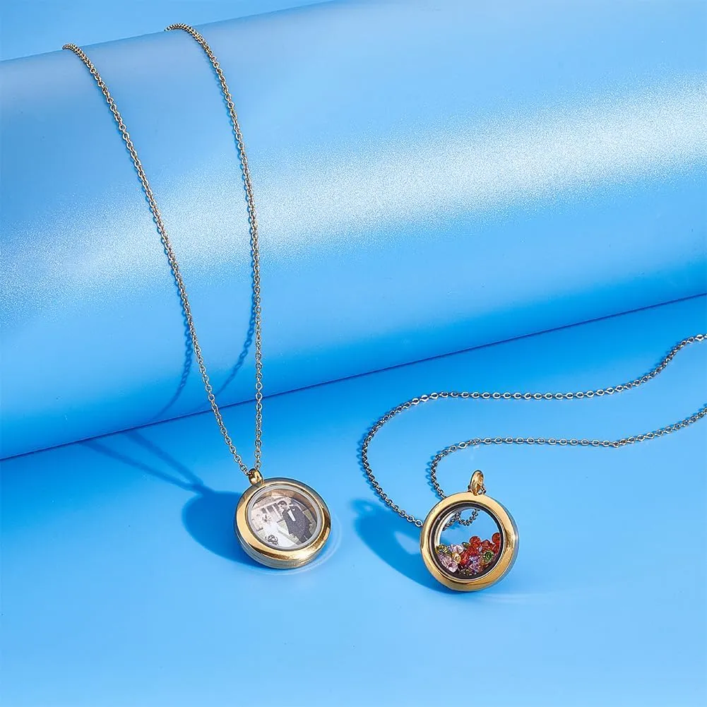 UNICRAFTALE Stainless Steel Memory Locket Charm Flat Round DIY Picture Photo Necklace Making Kit Chain Necklace with Crystal Double Sided Frame Glass Container Floating Charms for Lockets