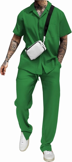 UOUA Mens Summer 2 Piece Set Casual Outfits Button Short Sleeve Shirt & Loose Pants Textured Striped Tracksuit Walking Suits