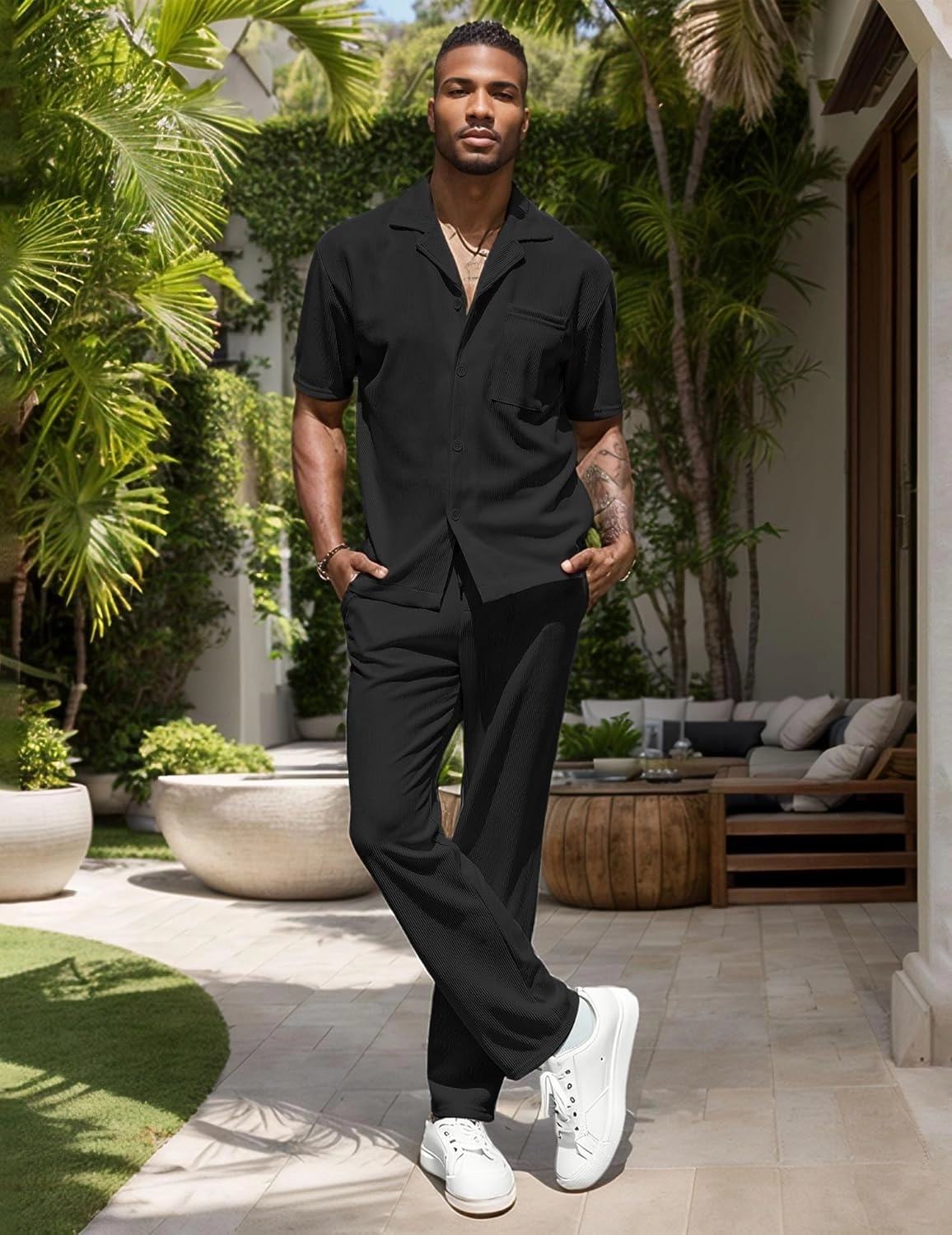UOUA Mens Summer 2 Piece Set Casual Outfits Button Short Sleeve Shirt & Loose Pants Textured Striped Tracksuit Walking Suits