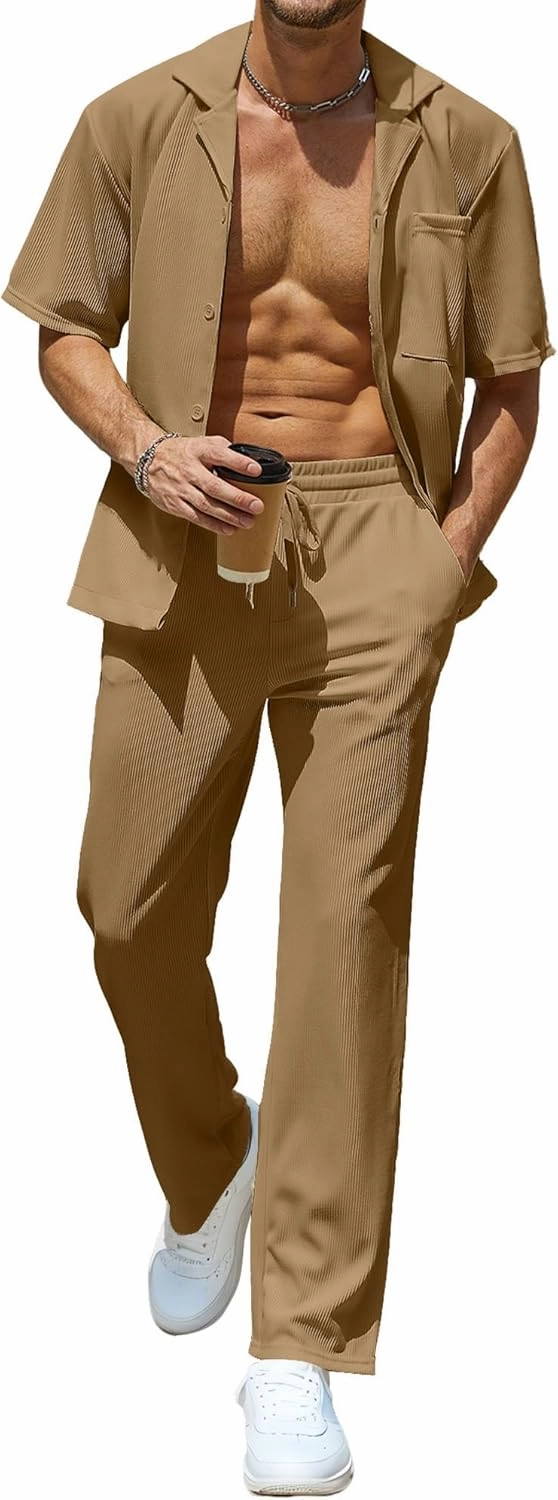UOUA Mens Summer 2 Piece Set Casual Outfits Button Short Sleeve Shirt & Loose Pants Textured Striped Tracksuit Walking Suits