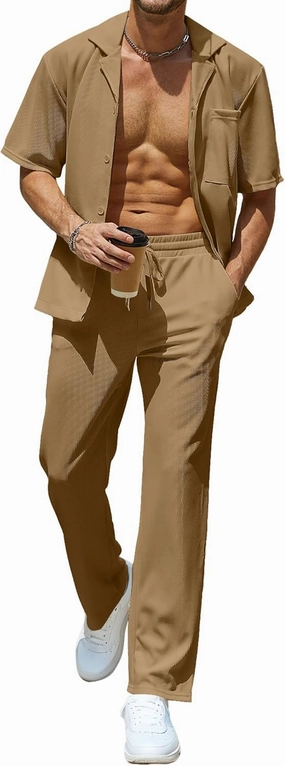 UOUA Mens Summer 2 Piece Set Casual Outfits Button Short Sleeve Shirt & Loose Pants Textured Striped Tracksuit Walking Suits