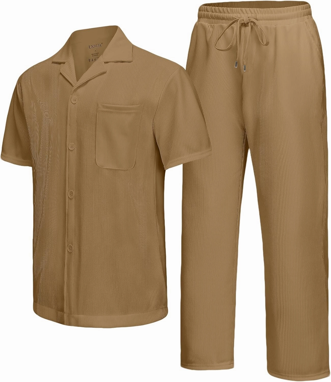 UOUA Mens Summer 2 Piece Set Casual Outfits Button Short Sleeve Shirt & Loose Pants Textured Striped Tracksuit Walking Suits