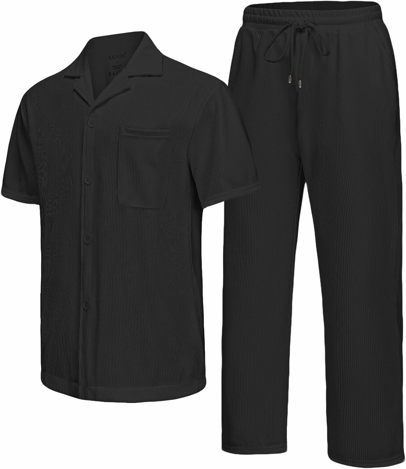 UOUA Mens Summer 2 Piece Set Casual Outfits Button Short Sleeve Shirt & Loose Pants Textured Striped Tracksuit Walking Suits