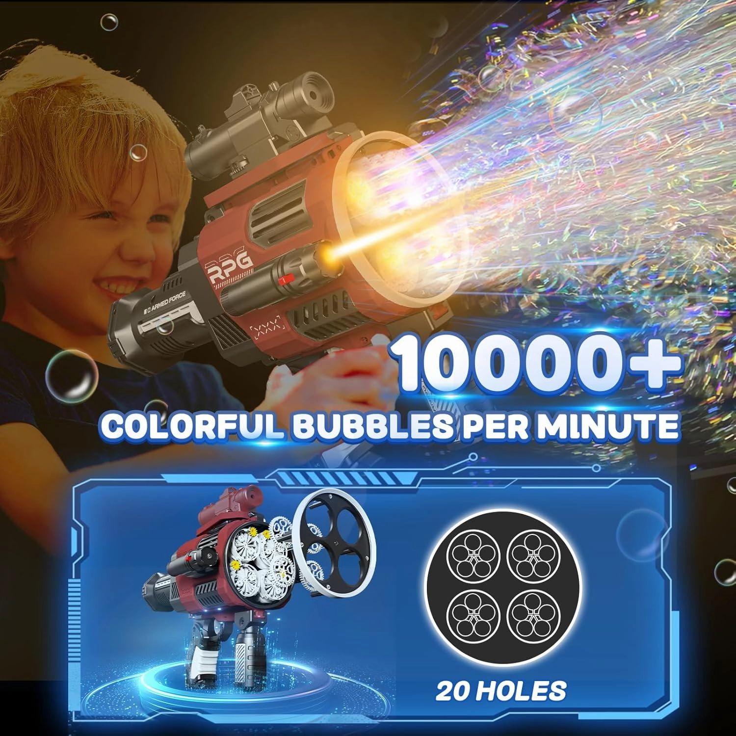 Upgraded Rapid-Fill Automatic Bubble Machine Gun - Rechargeable Electric Blaster for Kids, Outdoor Summer Toys, Wedding Party Favors, Gift for Boys with 20 Holes Design(Black Orange)