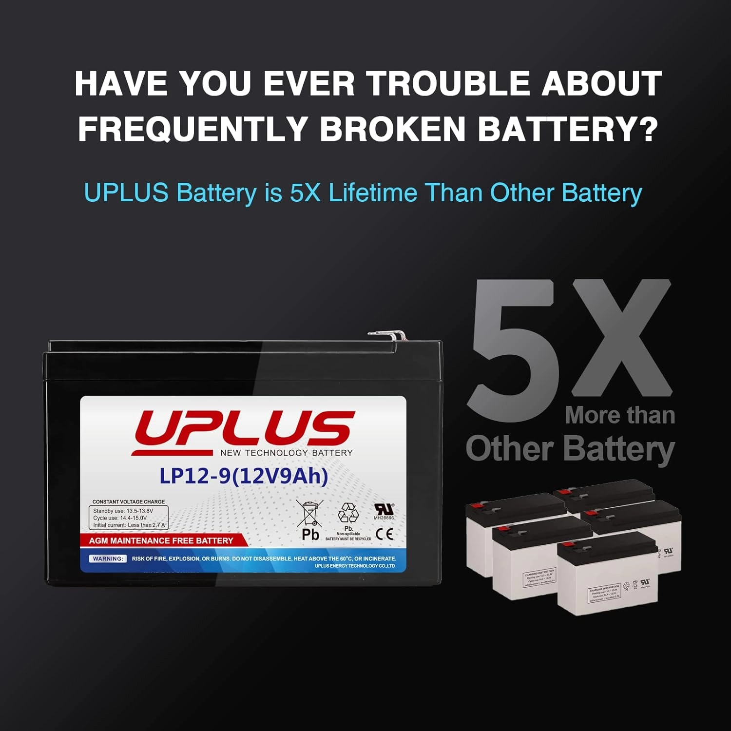 UPLUS 12 Volt 9Ah Rechargeable AGM Battery, LP12-9 SLA Battery with F2 Terminals, Replaces 12V 7.2ah 8AH Batteries fit for APC UPS, Cyberpower Backup System, Electric Scooter, Kids Motor Car etc.