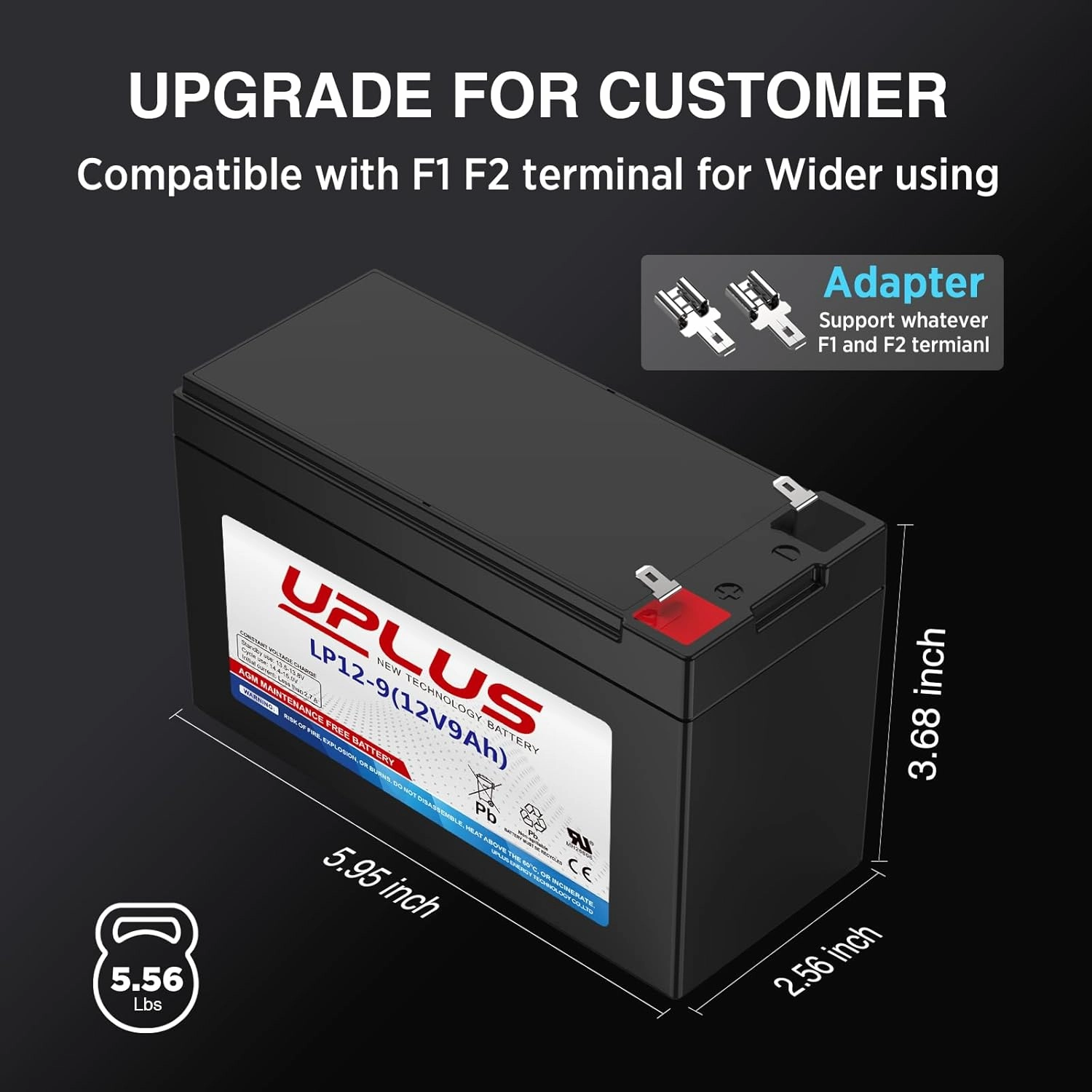 UPLUS 12 Volt 9Ah Rechargeable AGM Battery, LP12-9 SLA Battery with F2 Terminals, Replaces 12V 7.2ah 8AH Batteries fit for APC UPS, Cyberpower Backup System, Electric Scooter, Kids Motor Car etc.