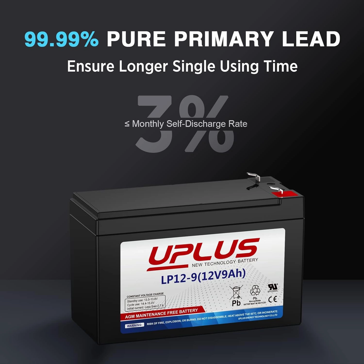 UPLUS 12 Volt 9Ah Rechargeable AGM Battery, LP12-9 SLA Battery with F2 Terminals, Replaces 12V 7.2ah 8AH Batteries fit for APC UPS, Cyberpower Backup System, Electric Scooter, Kids Motor Car etc.
