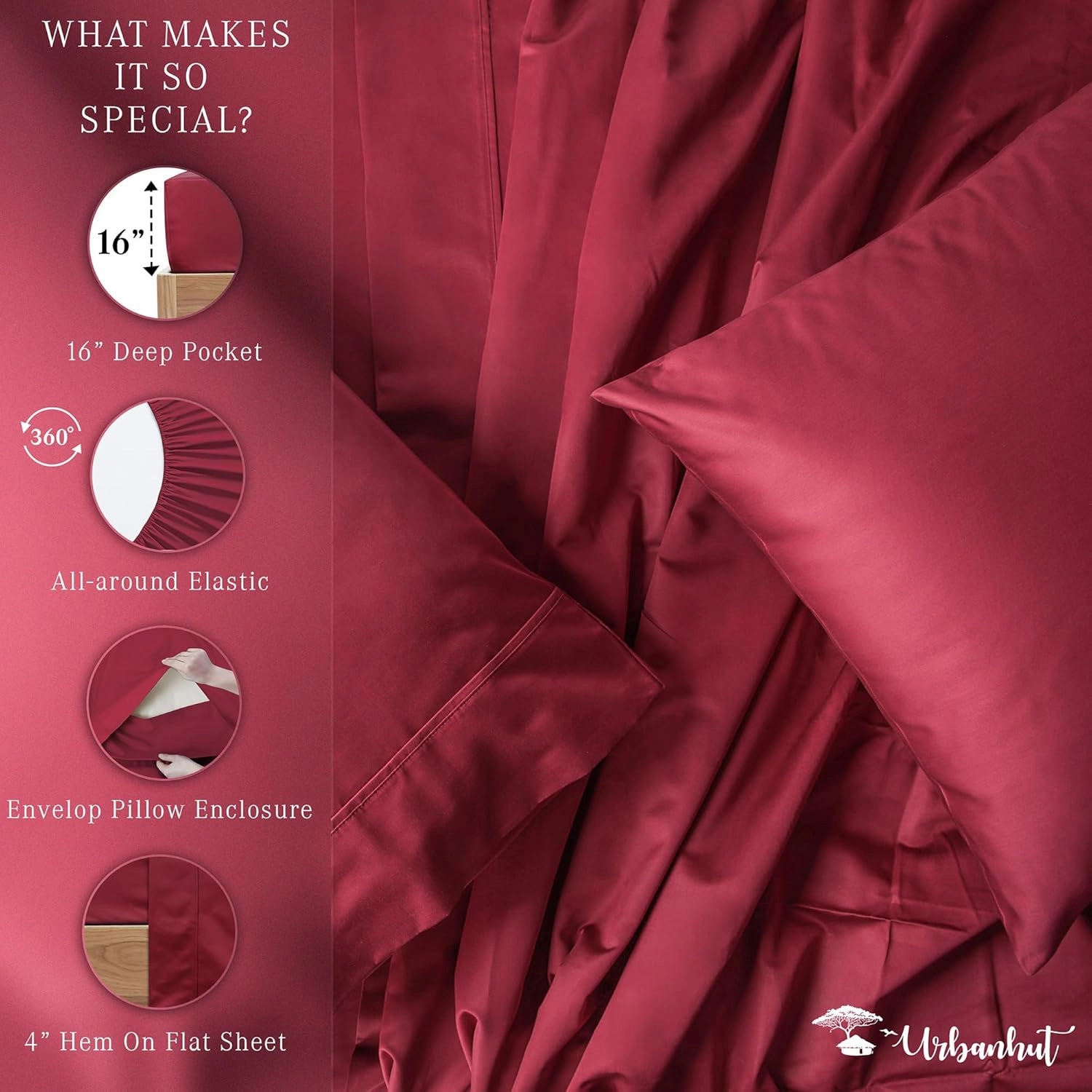 URBANHUT 1000 Thread Count California King Bed Sheets Egyptian Cotton Sheet Set, Long Staple Soft & Breathable, 4 Pc Bed Sheet Sets, Luxury Hotel Sateen Sheets Fits 16" Deep Pocket - Burgundy