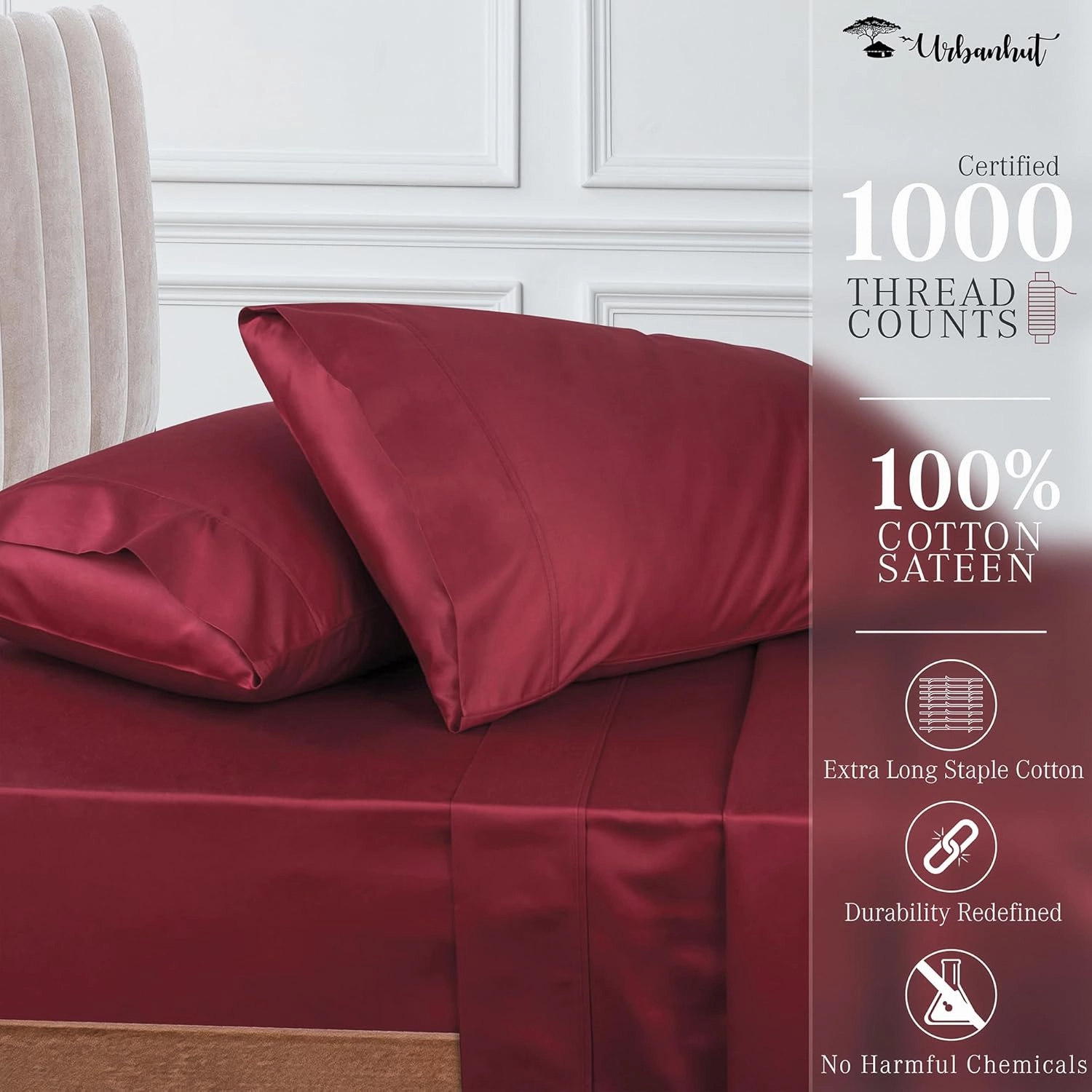 URBANHUT 1000 Thread Count California King Bed Sheets Egyptian Cotton Sheet Set, Long Staple Soft & Breathable, 4 Pc Bed Sheet Sets, Luxury Hotel Sateen Sheets Fits 16" Deep Pocket - Burgundy