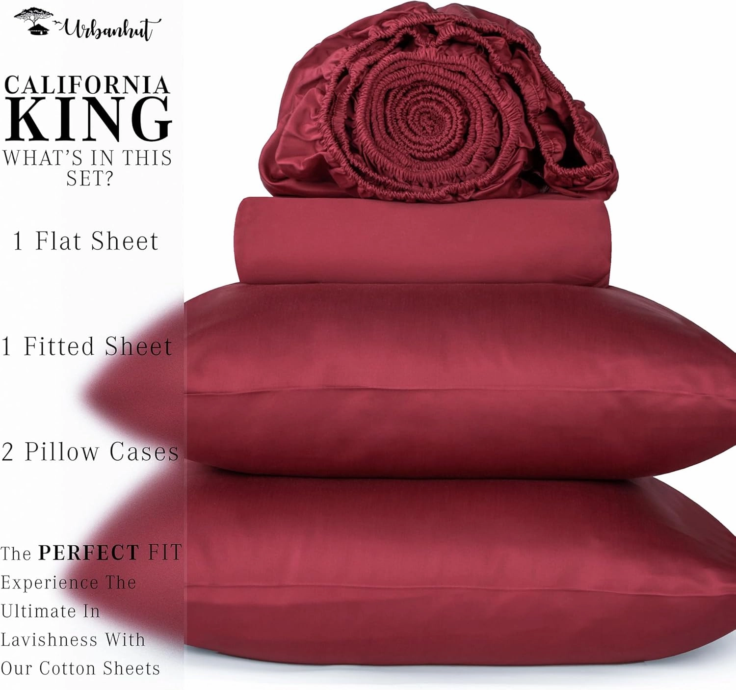 URBANHUT 1000 Thread Count California King Bed Sheets Egyptian Cotton Sheet Set, Long Staple Soft & Breathable, 4 Pc Bed Sheet Sets, Luxury Hotel Sateen Sheets Fits 16" Deep Pocket - Burgundy
