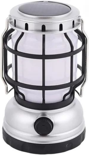 USB Solar Rechargeable LED Camping Lantern Flashlight Lamp Power Bank Outdoor Waterproof (Silver)