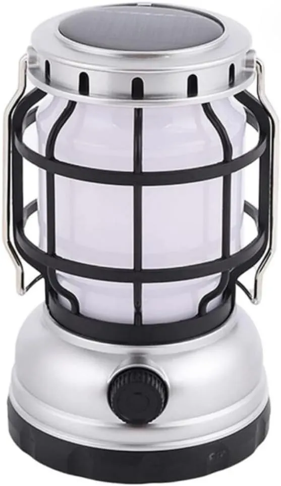 USB Solar Rechargeable LED Camping Lantern Flashlight Lamp Power Bank Outdoor Waterproof (Silver)