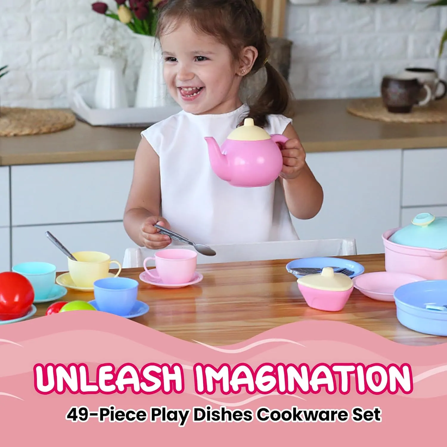 uToyz Kids Play Kitchen Toys – 49pcs Pretend Play Kitchen Accessories with Cooking Toys, Large Kids Pots and Pans Playset, Toy Dishes for Toddler Cooking Set, Pretend Pots and Pans for Ages 3 