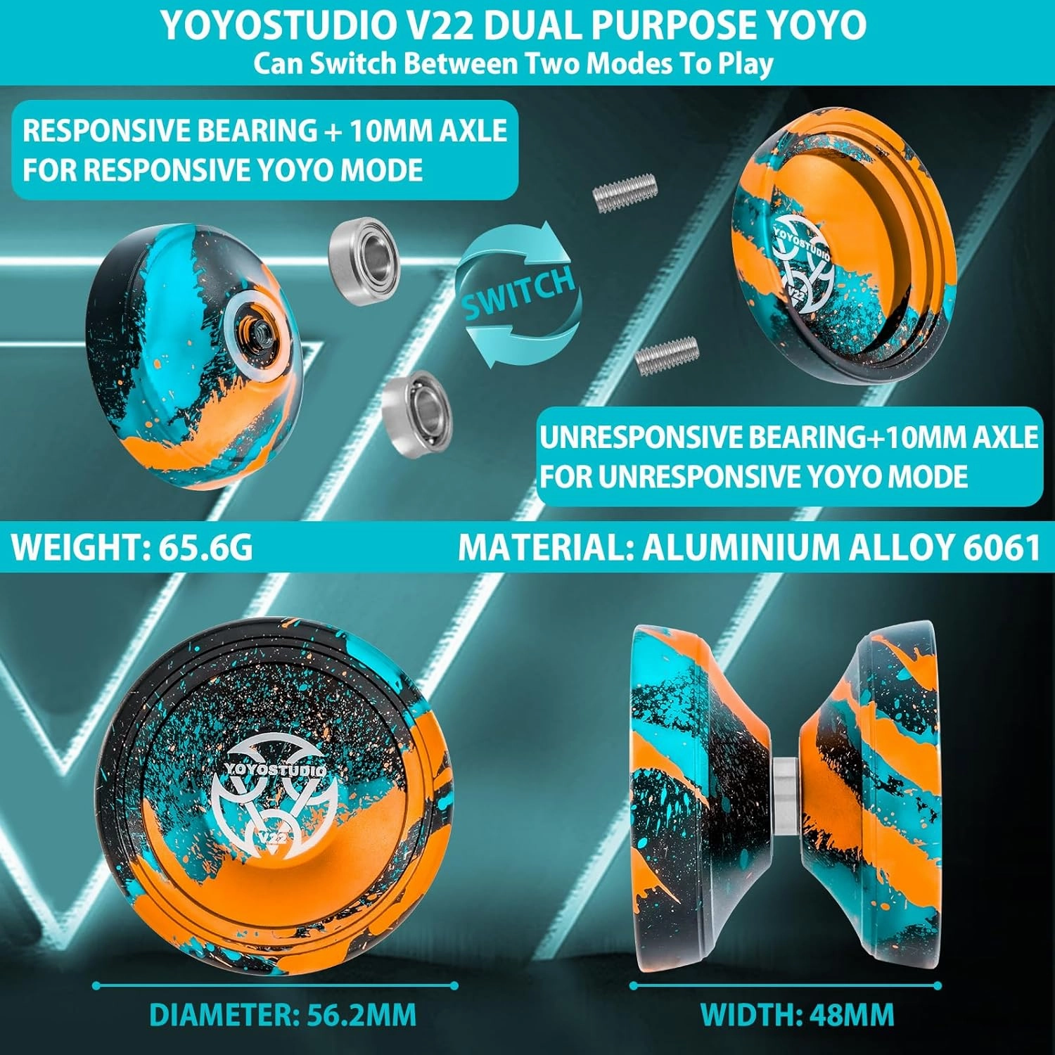 V22 Yoyo Professional Responsive Yoyo for Kids 8-12 or Above, Unresponsive Yoyos for Adults, Professional Yoyos with Yo yos Accessory Kit, 10 Yo-Yo Strings, Case & Glove - Black Blue Orange
