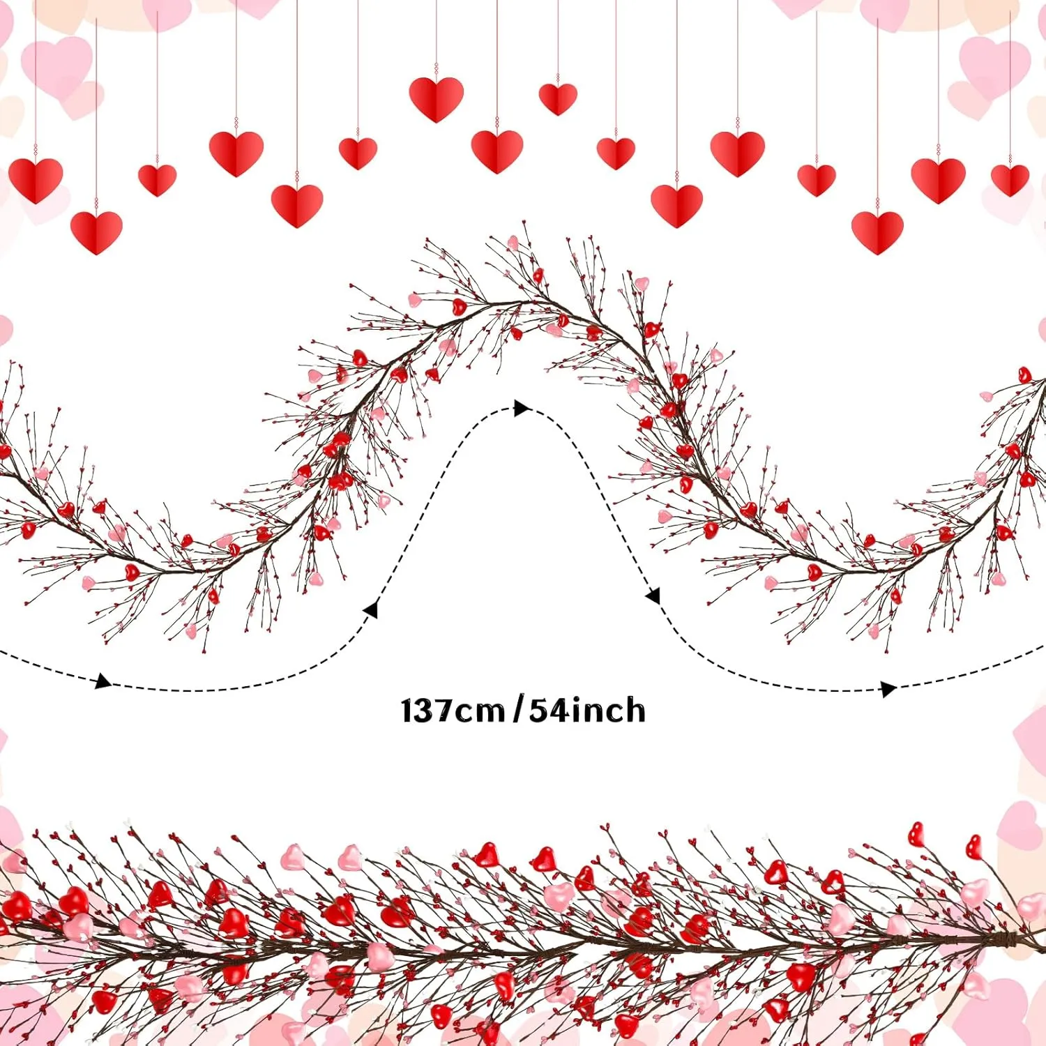 Valentine‘s Day Garland with 30 Fairy Lights 4.5ft Pip Berry Cherry Blossom Garland LED Christmas Lights for Valentine‘s Day Wedding Party (Red, Pink)