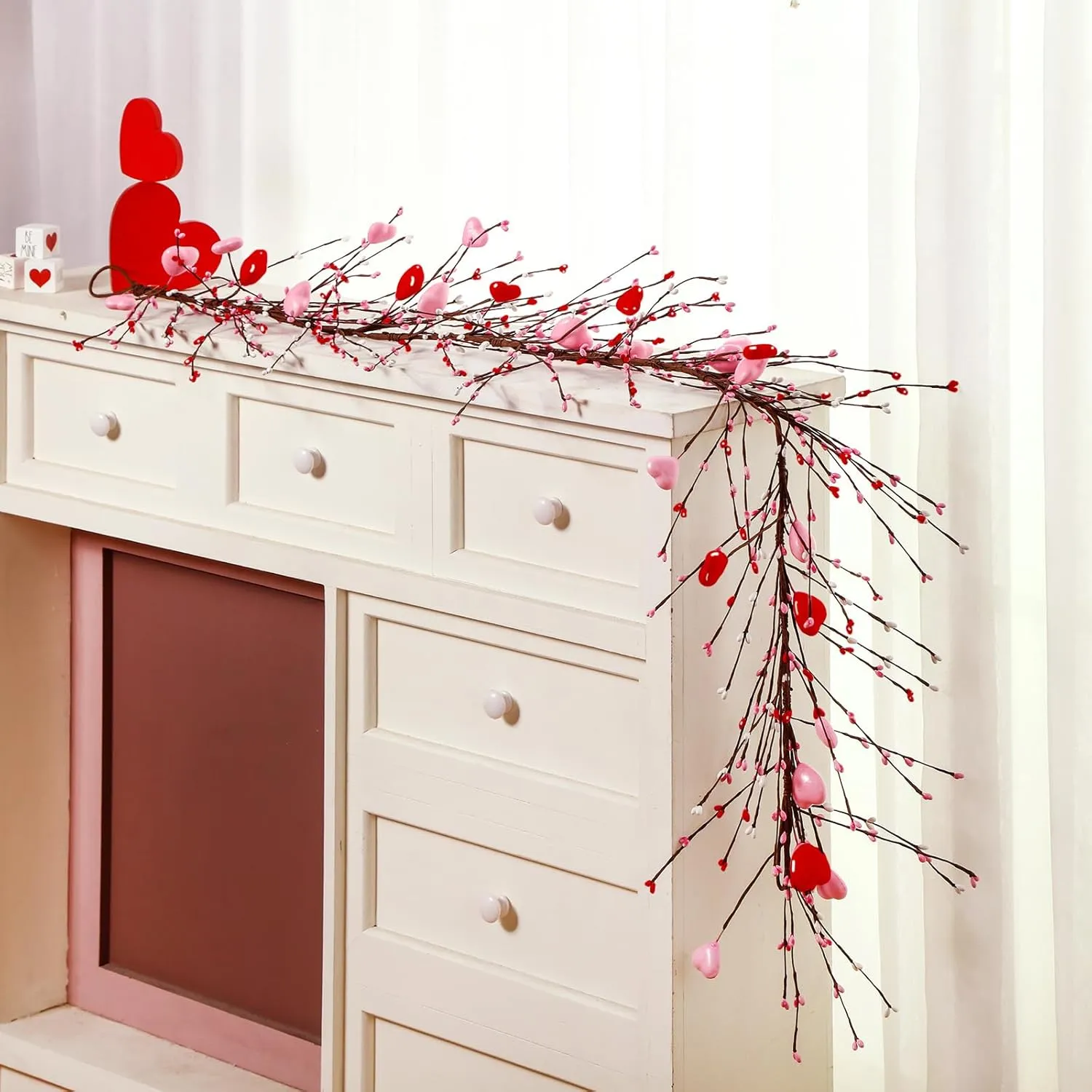 Valentine‘s Day Garland with 30 Fairy Lights 4.5ft Pip Berry Cherry Blossom Garland LED Christmas Lights for Valentine‘s Day Wedding Party (Red, Pink)