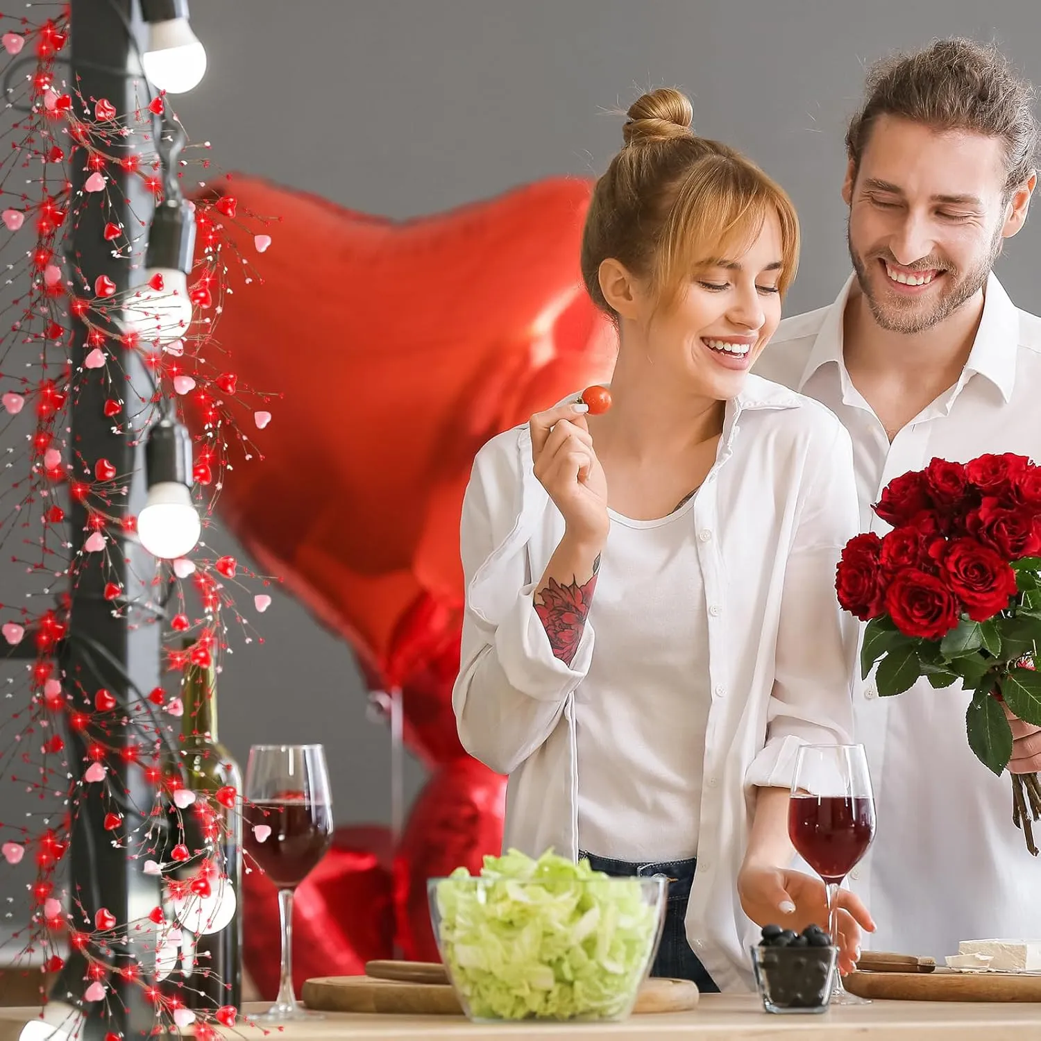 Valentine‘s Day Garland with 30 Fairy Lights 4.5ft Pip Berry Cherry Blossom Garland LED Christmas Lights for Valentine‘s Day Wedding Party (Red, Pink)