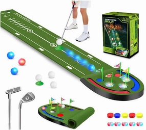 VATOS Golf Putting Mat Indoor - 9FT Practice Training Mat with LED Golf Balls, Glow Cups, Irons & Putters, Portable Putting Green Outdoor for Home Backyard Office Party, Golfing Gifts for Kids Adults