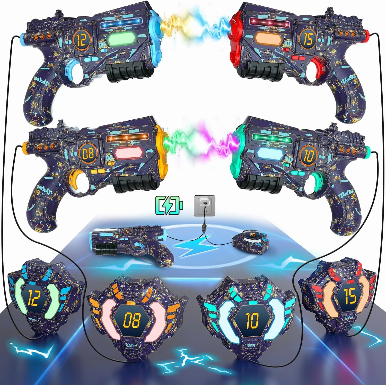 VATOS Rechargeable Real-time Data SYNC - Infrared Toy Gun Sets of 4 Gun 4 Vest with Glowing Light, Toy Gun Game for Adults, Gun Set of 4 for Boys Girls Age 6-12 Years Old