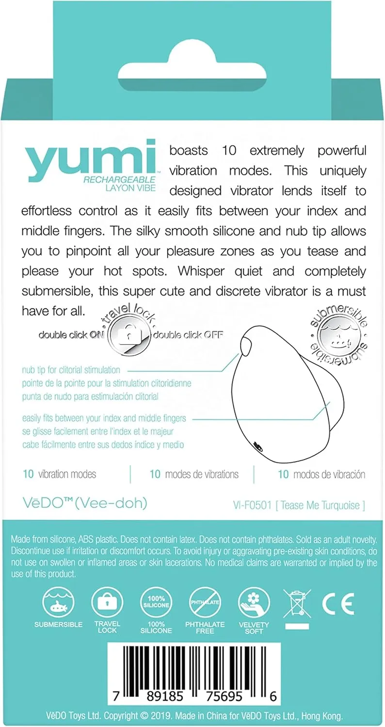 VeDO YUMI Clitoral Vibrator, Rechargeable Lay-On Adult Sex Toy for Women, Waterproof Finger Vibe, Easy Grip Handle (Turquoise)