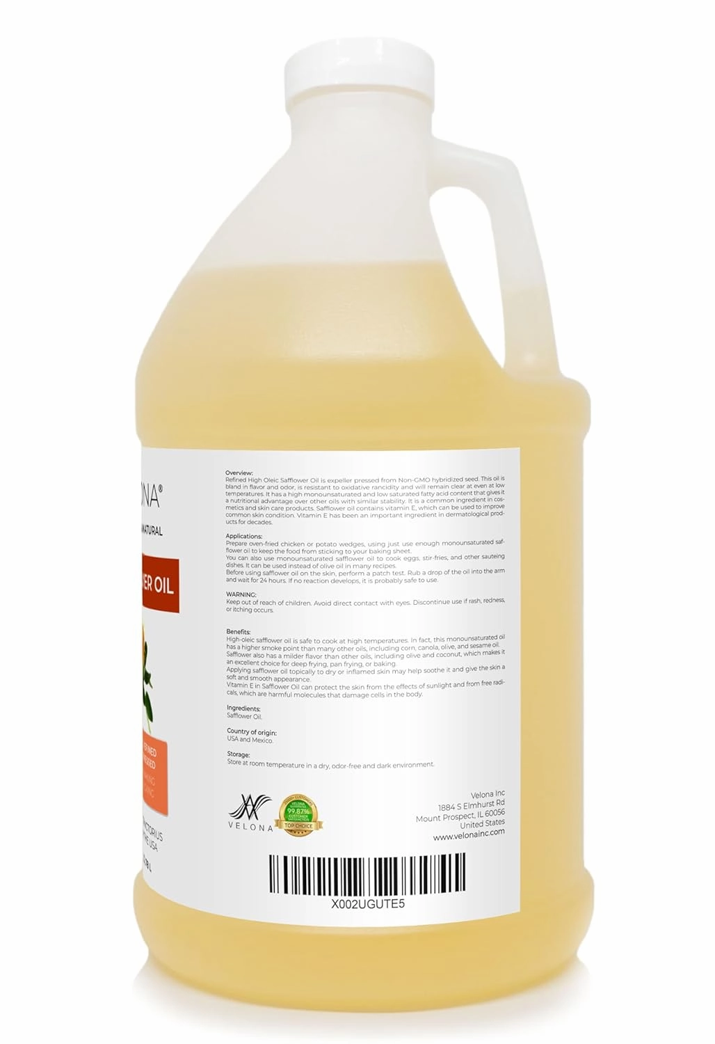velona Safflower Oil 1 Gallon / 128 Fl Oz | 100% Pure and Natural Carrier Oil | Refined, Expeller Pressed | Cooking, Skin, Hair, Body & Face Moisturizing | Use Today - Enjoy Results