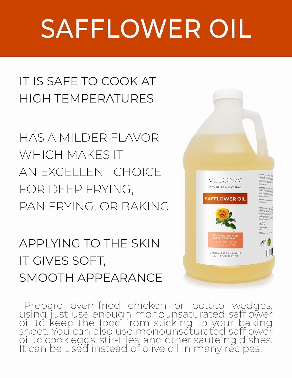 velona Safflower Oil 1 Gallon / 128 Fl Oz | 100% Pure and Natural Carrier Oil | Refined, Expeller Pressed | Cooking, Skin, Hair, Body & Face Moisturizing | Use Today - Enjoy Results