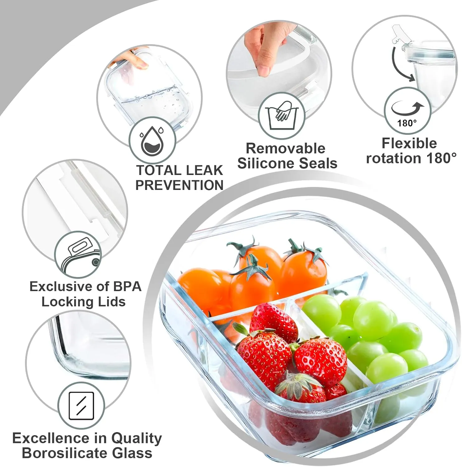 VERONES 5 Pack Glass Meal Prep Containers 3 Compartment Set, 36OZ Airtight Glass Lunch Containers, Food Storage Containers with Lids, for Microwave, Oven, Freezer & Dishwasher Friendly,White