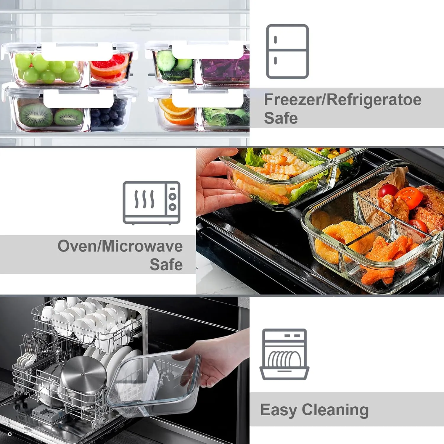 VERONES 5 Pack Glass Meal Prep Containers 3 Compartment Set, 36OZ Airtight Glass Lunch Containers, Food Storage Containers with Lids, for Microwave, Oven, Freezer & Dishwasher Friendly,White