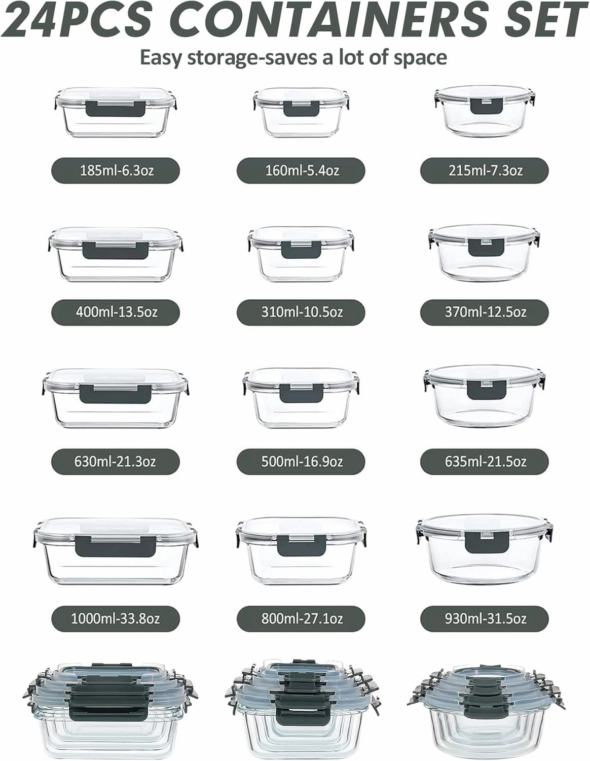 VERONES 24 Pieces Glass Food Storage Containers Set, Airtight Glass Lunch Containers, Glass Meal Prep Containers with Lids,Exclusive of BPA, for Microwave, Oven, Freezer & Dishwasher Friendly,Grey